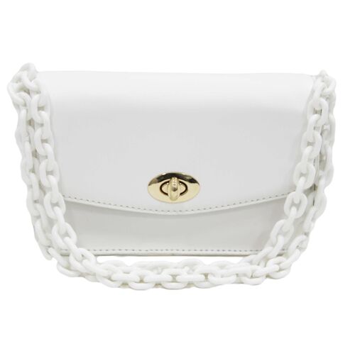 White Faux Leather Bag with Long Chunky Plastic Chain Strap