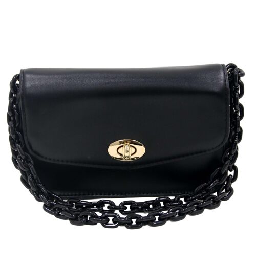 Black Faux Leather Bag with Long Chunky Plastic Chain Strap