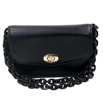 Black Faux Leather Bag with Long Chunky Plastic Chain Strap