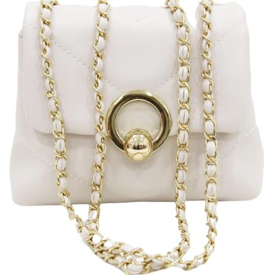 Cream Soft Puffy Faux Leather Bag with Faux Leather Chain Link Strap and Gold Ring Detail