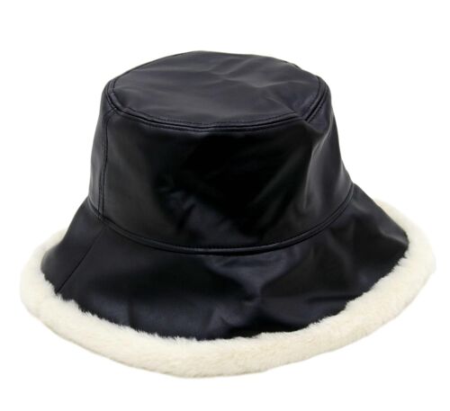 PU Faux Leather Bucket Hat with Fur Trim