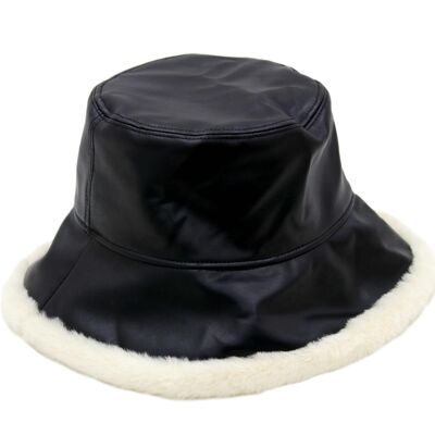 PU Faux Leather Bucket Hat with Fur Trim