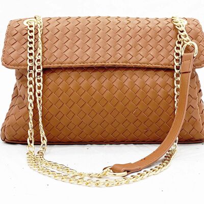 Tan Woven PU Bag With Chain Strap