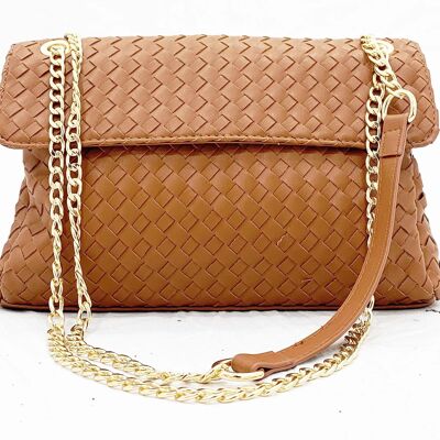 Tan Woven PU Bag With Chain Strap