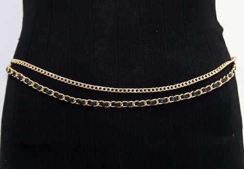 Black and Gold PU and Chain Layered Chain Belt