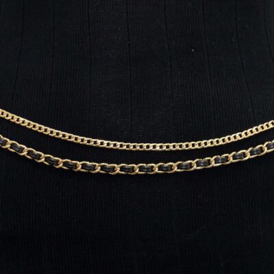 Black and Gold PU and Chain Layered Chain Belt