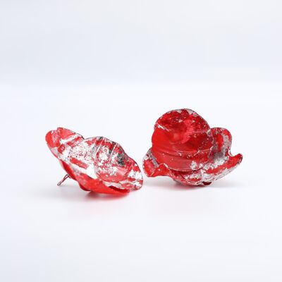 Orecchini con 3 grandi foglie di ninfea - Dorati a mano in rosso e argento