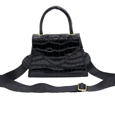 Black Croc Trapeze Structured bag with nylon wide strap