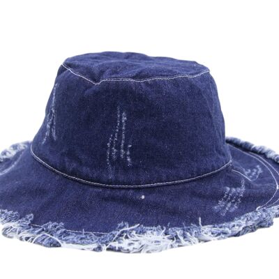 Blue Dark Denim Frayed Bucket Hat