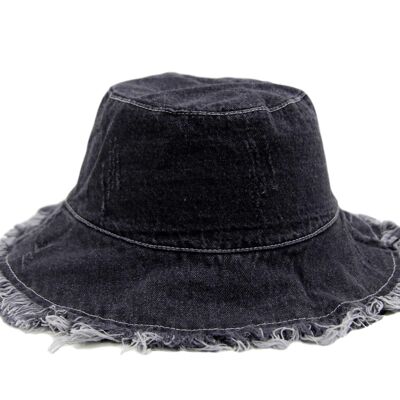 Black Denim Frayed Bucket Hat