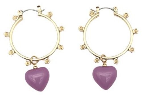 Purple Heart Drop on Gold Hoop Earrings