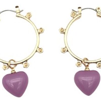 Purple Heart Drop on Gold Hoop Earrings