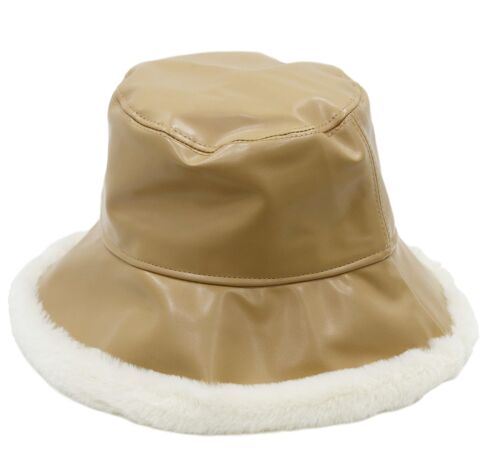 Tan PU Faux Leather Bucket Hat with Fur Trim