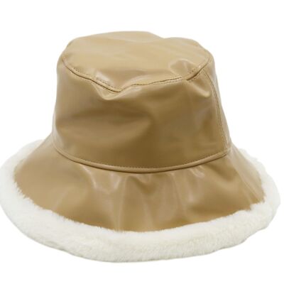 Tan PU Faux Leather Bucket Hat with Fur Trim