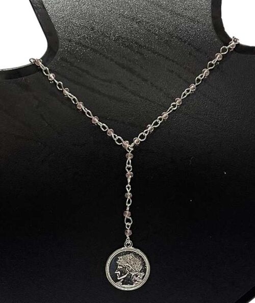 Silver Beaded Coin Drop Necklace