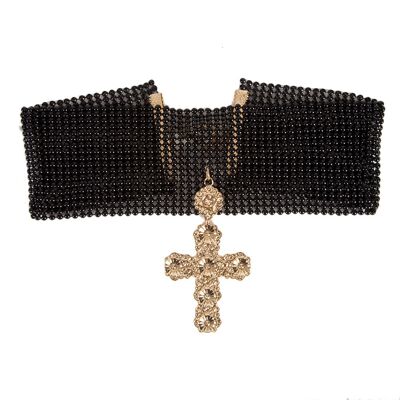 Black Metallic Mesh Choker with Gold Engraved Cross