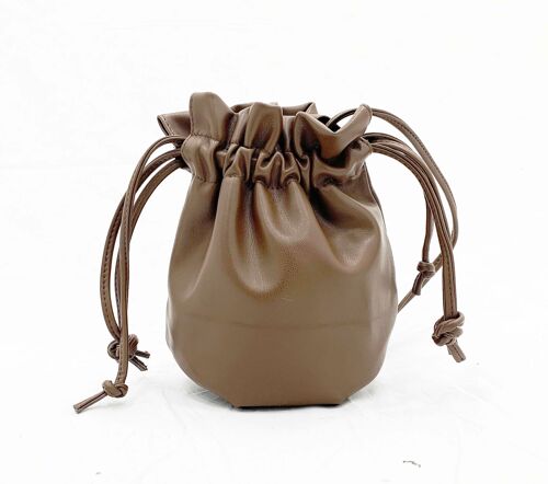 Brown Pull Cord Pouch Bag with Long PU strap