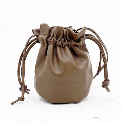 Brown Pull Cord Pouch Bag with Long PU strap