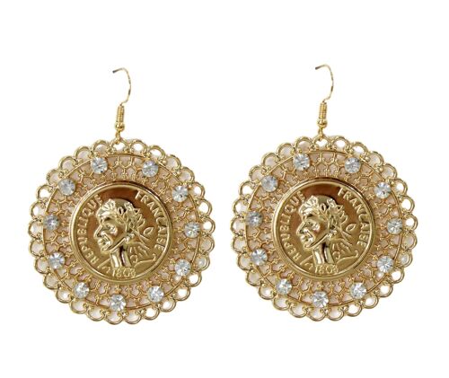 Gold Coin Filigree Earrings with Diamante