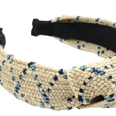 Cream Blue Straw Knot Headband with colour contrast pattern