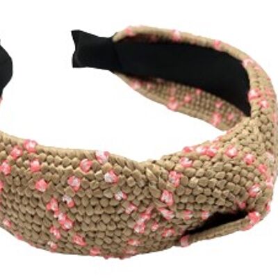 Beige Pink Straw Knot Headband with colour contrast pattern