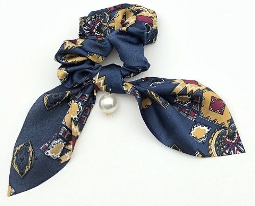 Navy Printed Satin Scrunchie with Pearl Detail