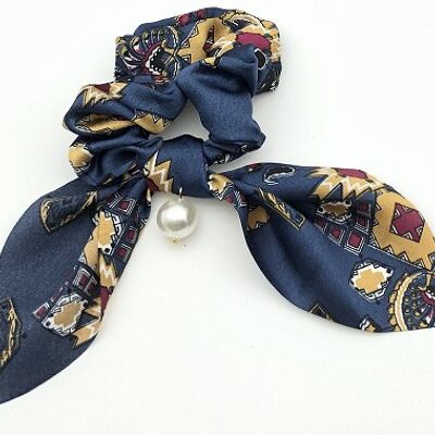 Navy Printed Satin Scrunchie with Pearl Detail
