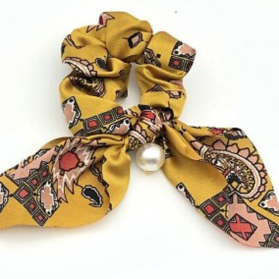 Mustard Printed Satin Scrunchie with Pearl Detail