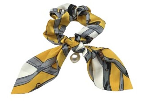 Mustard Chain Print Scrunchie with Pearl Drop