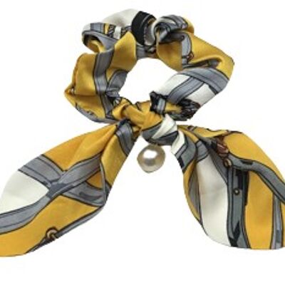 Mustard Chain Print Scrunchie with Pearl Drop
