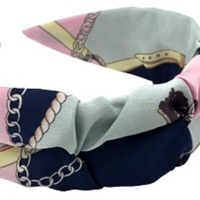 Navy and Pink Chain Print Ruched Wide Headband