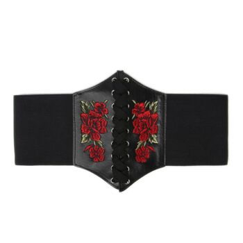 Ceinture corset noire à lacets avec roses brodées