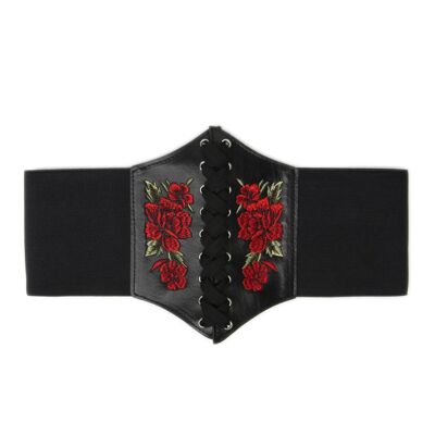 Black Lace up Corset Belt with Embroidered Roses