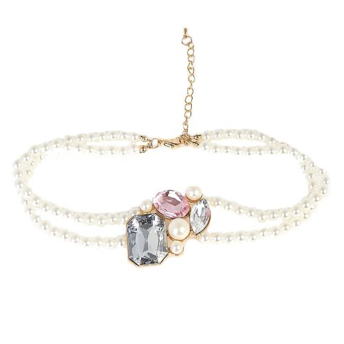 White Double Layered Pearl Choker with Diamante & Pearl Design