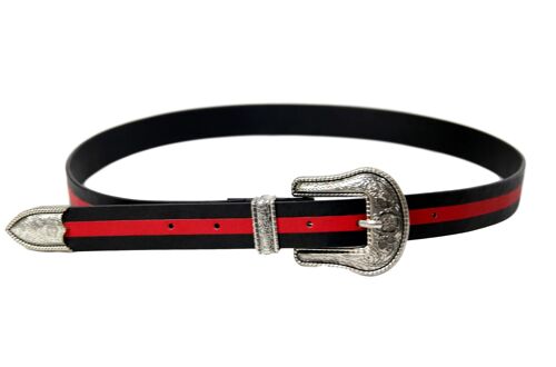 Black and Red Western Buckle Stripe PU Belt