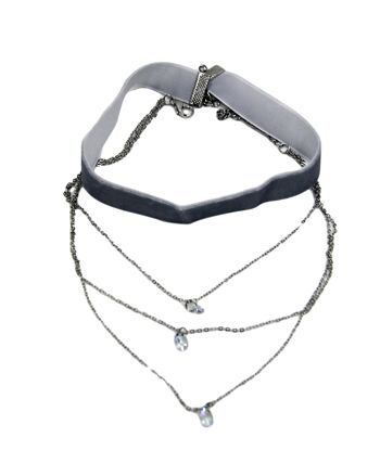 Tour de cou en velours gris avec chaîne et pendentifs en strass