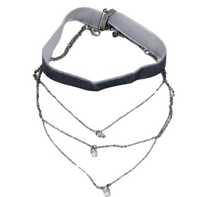 Grey Velvet Choker with Chain & Diamante Pendants