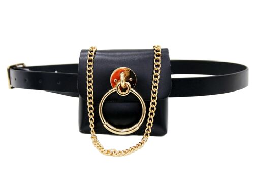 Black Faux Leather (PU) Belt Bag with Chain Strap and Ring Detail