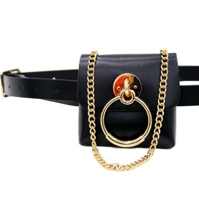 Black Faux Leather (PU) Belt Bag with Chain Strap and Ring Detail