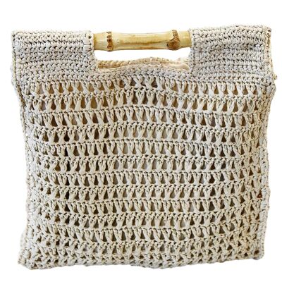 Cream Square Crochet Wooden Handle Bag