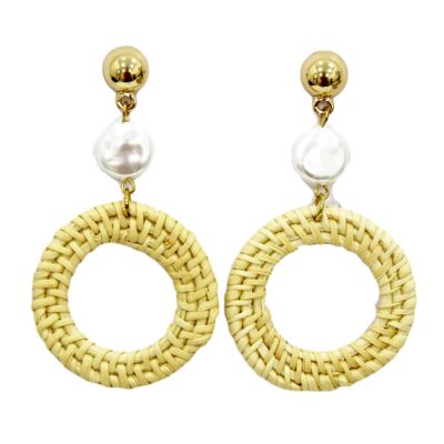 Gold Straw Hoop Earrings With Pearl