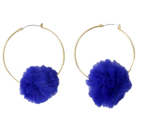 Blue Pom Hoop Earrings