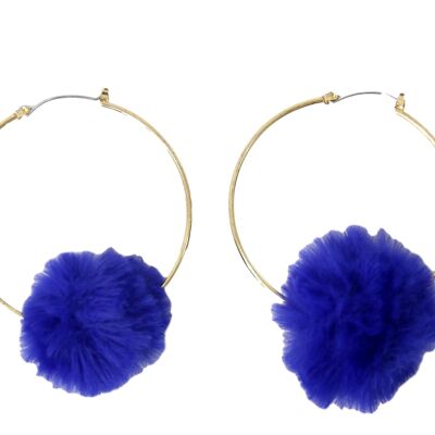 Blue Pom Hoop Earrings