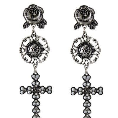 Silver Rose and Cross Earrings