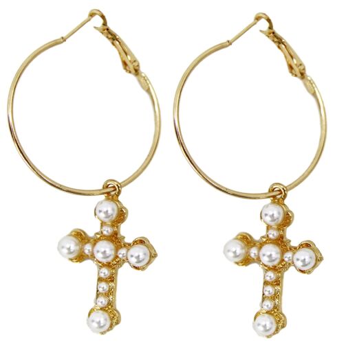 Gold Pearl Cross Hoop Earring