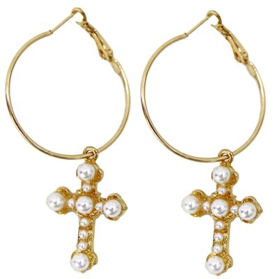 Gold Pearl Cross Hoop Earring