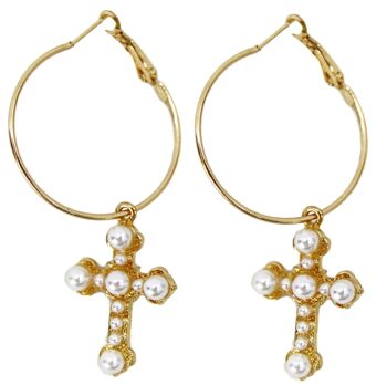 Boucles d'oreilles créoles croix dorées à perles
