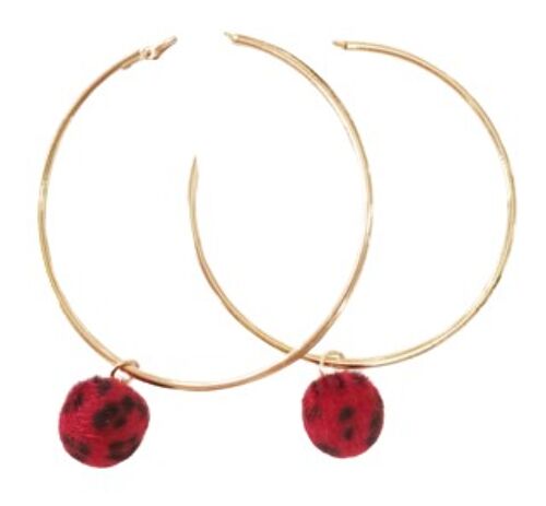 Gold Hoop with Red Pom Earrings