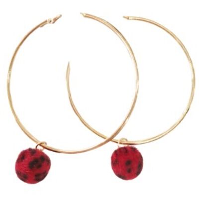 Gold Hoop with Red Pom Earrings