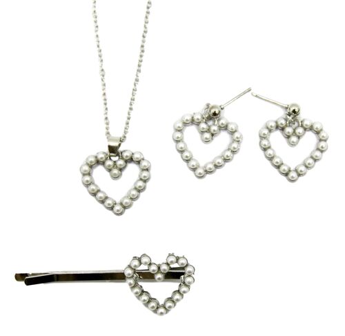 Silver Pearl Heart Set Earrings Necklace and Hair Slide